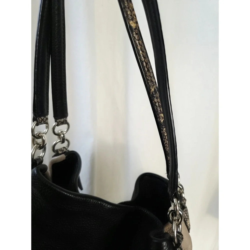 Coach Phoebe Leather Black & Tan Shoulder Bag With Exotic Trim